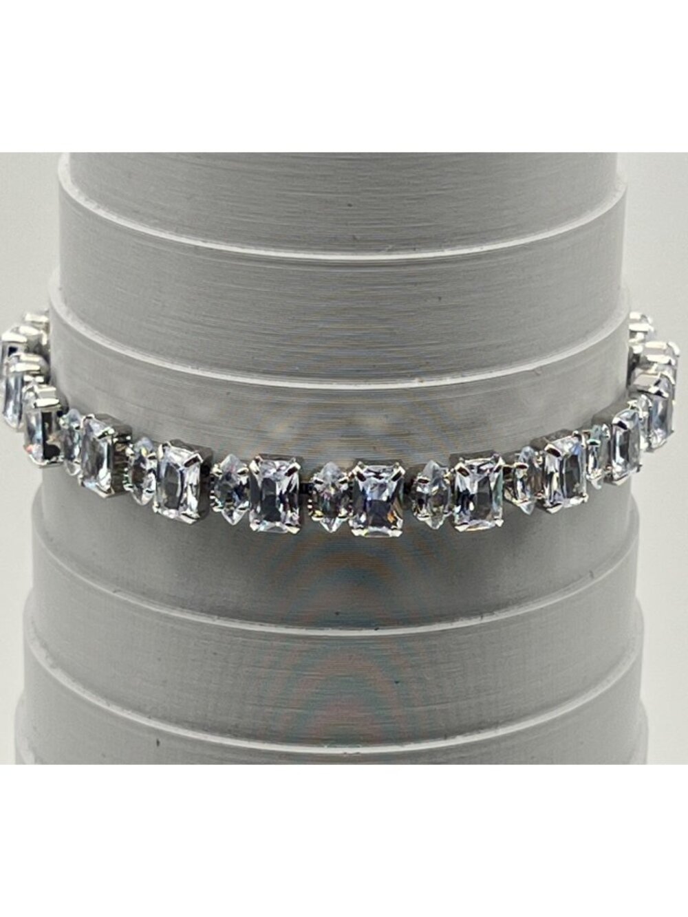 Clear CZ Tennis Bracelet 6.5" Silver Tone Alternating Cut Sparkling Stacking
